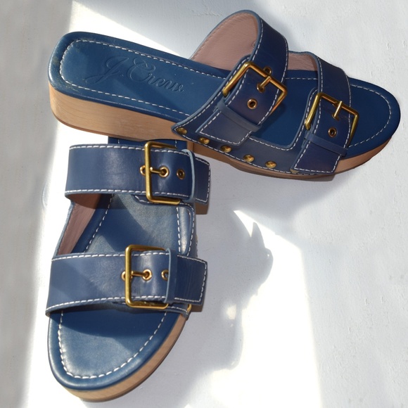 J. Crew Blue Leather Double Buckle Sandals with Wood Sole, in box - Size 9.5 - Picture 2 of 6